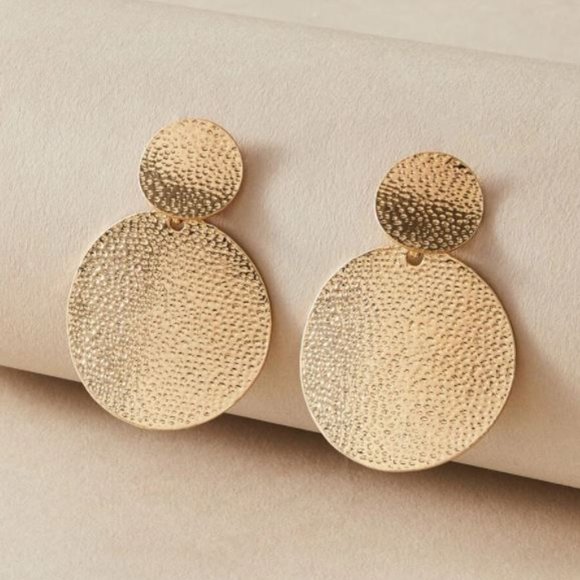Jewelry - Gold Textured Round Circle Drop Statement Earrings